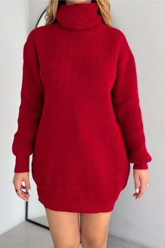 Kadın Standart Beden Boğazlı Balıkçı Basic Salaş Triko Tunik Kazak - Bordo
