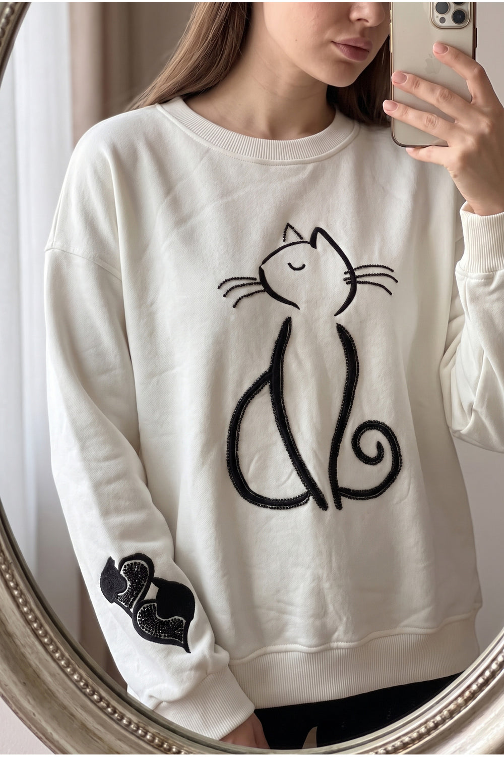 Kedi Nakışlı Boncuk İşlemeli %100 Pamuk Sweatshirt - Beyaz