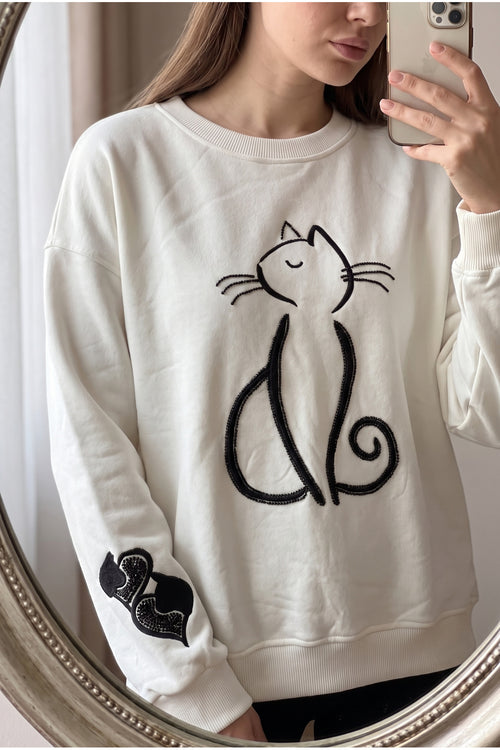 Kedi Nakışlı Boncuk İşlemeli %100 Pamuk Sweatshirt - Beyaz