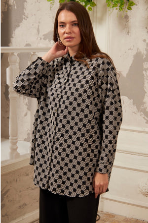 Geometrik Desenli Oversize Büyük Beden Ve Tesettüre Uygun Gömlek - Siyah