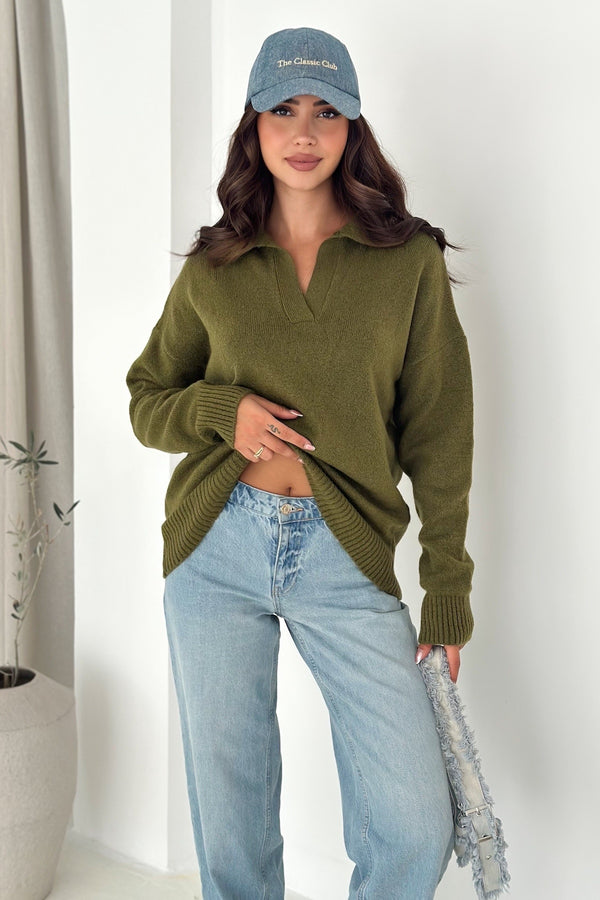 Kadın Polo Yaka Oversize Triko Kazak - Standart Beden Yumuşak Dokulu - Haki