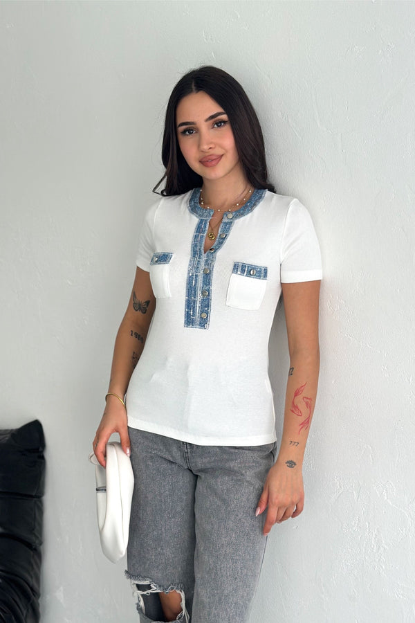 Kadın Kot Detaylı Pul Payet İşlemeli %100 Pamuk Kısa Kol Triko Bluz - Beyaz