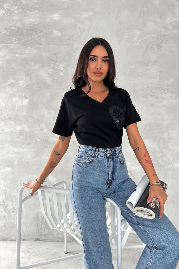 Kadın V Yaka Boncuk Ve Pul İşlemeli Kurdela Desen %100 Pamuk T-shirt - Siyah