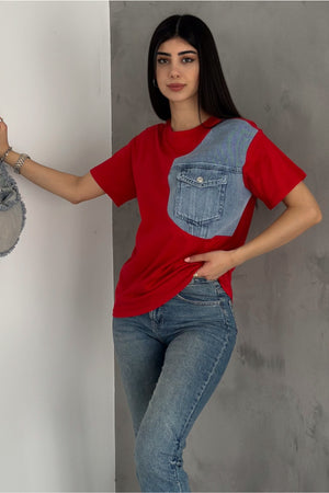 Kadın Denim Kot Detaylı Cepli Tasarım Pamuklu Tişört - Kırmızı
