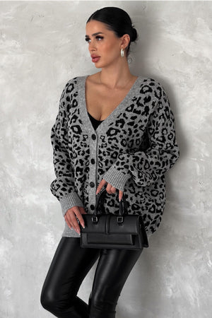 Kadın Leopar Desen Oversize Triko Hırka - Gri