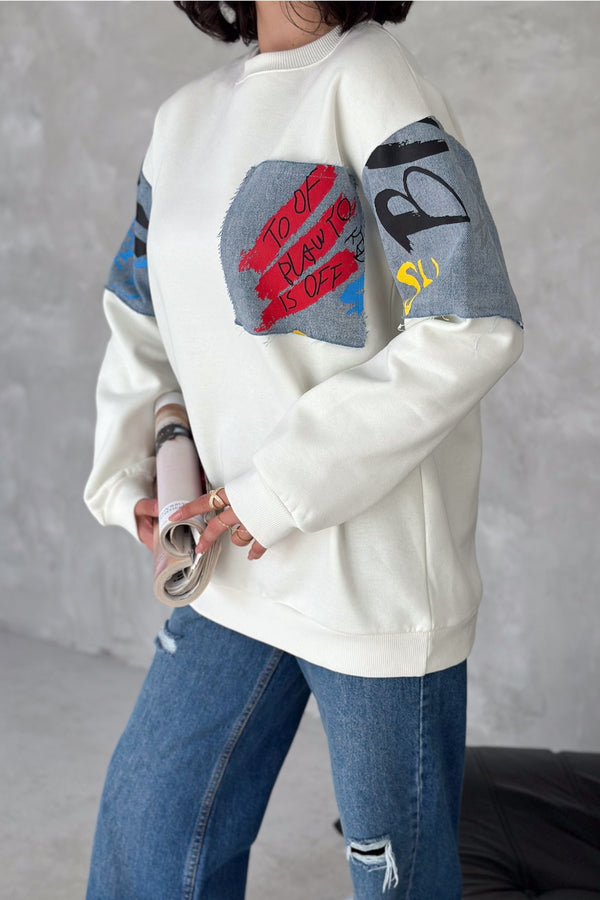 Kadın Kot Detaylı İçi Pamuklu Sweatshirt - Beyaz