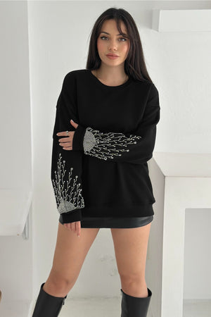 Kolları Boncuk Ve Taş İşlemeli %100 Pamuk Sweatshirt - Siyah