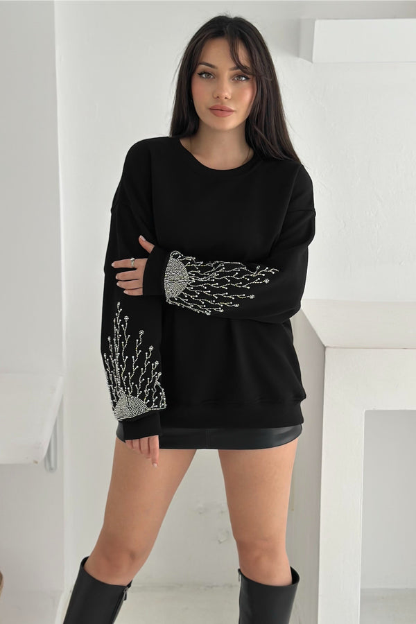 Kolları Boncuk Ve Taş İşlemeli %100 Pamuk Sweatshirt - Siyah