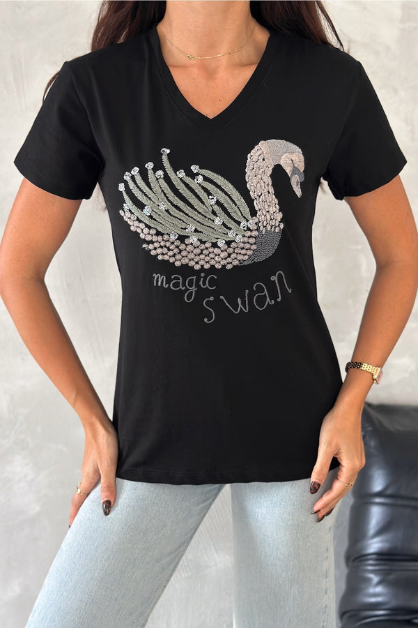 Kadın V Yaka Kuğu Pul Payet Ve Nakış İşlemeli %100 Pamuk T-Shirt - Siyah