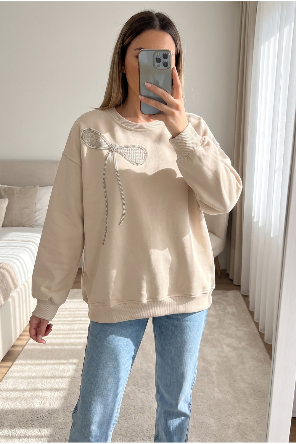 %100 Pamuk Boncuk İşlemeli Sweatshirt Kurdela Desenli - Bej