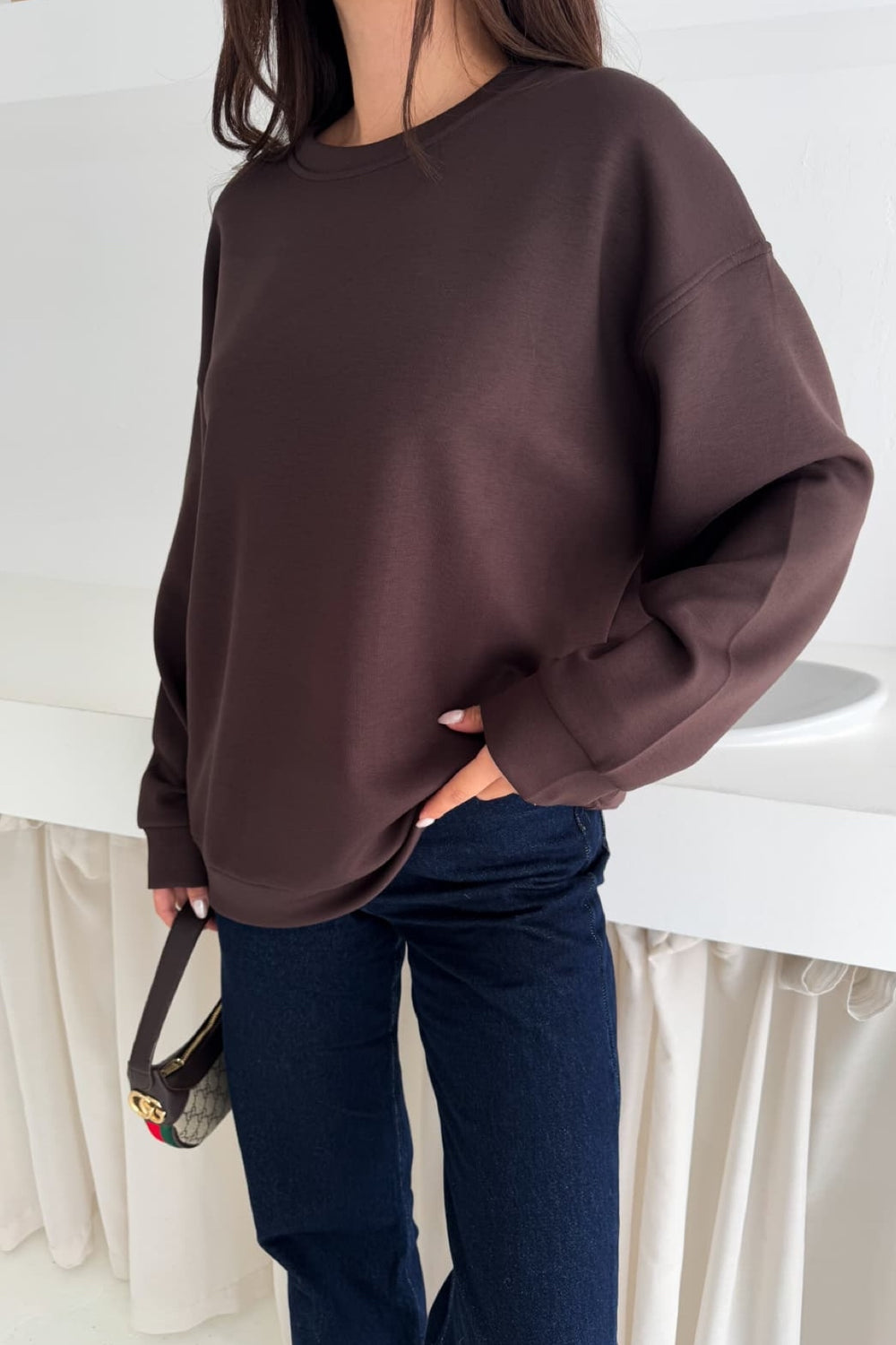 Modal Kumaş Basic Sweatshirt - Kahverengi