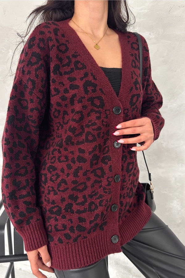 Kadın Standart Beden Leopar Desen Oversize Triko Hırka - Bordo