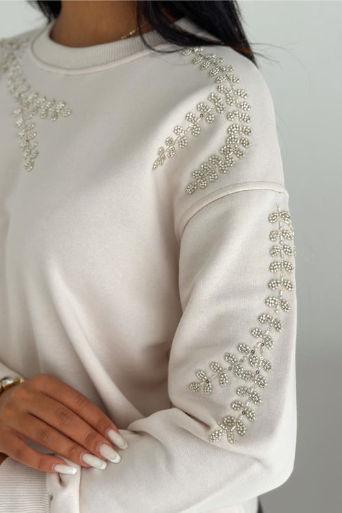 Boncuk Ve Pul İşlemeli %100 Pamuk Sweatshirt - Bej