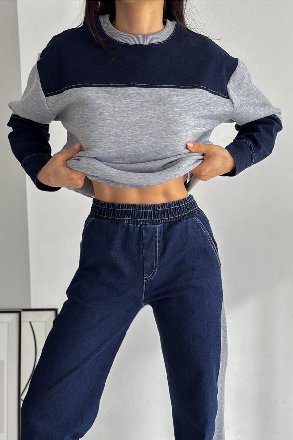 Beli Lastikli Denim Alt-Üst Takım - Gri