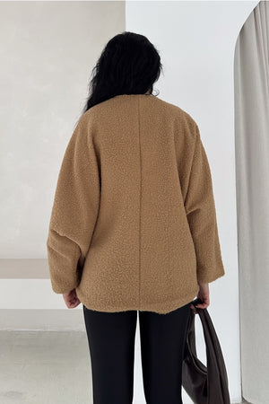 Bürümcük Bağlamalı Oversize Hırka Yarasa Kol Standart Beden - Camel