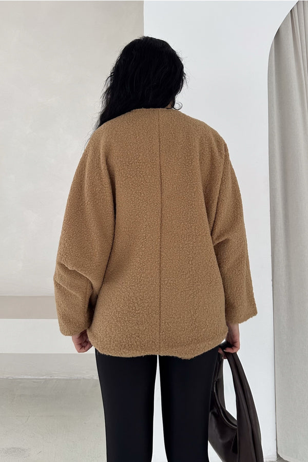 Bürümcük Bağlamalı Oversize Hırka Yarasa Kol Standart Beden - Camel