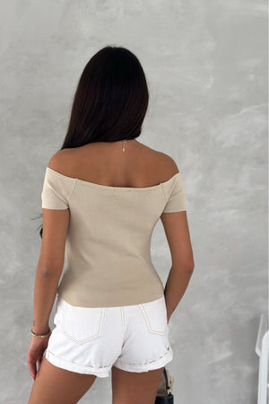 Kadın Standart Beden Triko Crop Bluz - Bej