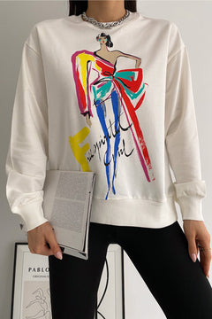Kadın Yeni Sezon Baskılı İçi Pamuklu Sweatshirt - Beyaz