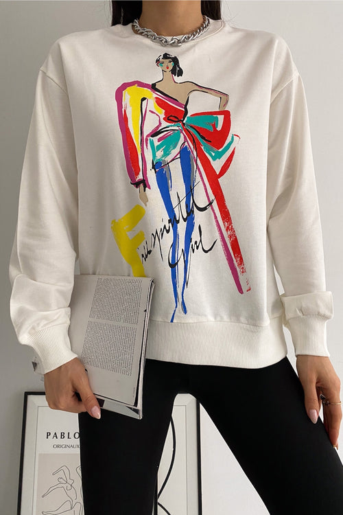 Kadın Yeni Sezon Baskılı İçi Pamuklu Sweatshirt - Beyaz