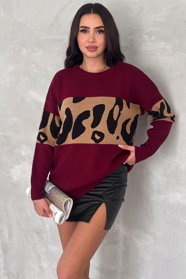 Kadın Standart Beden Leopar Desen Oversize Triko Kazak - Bordo