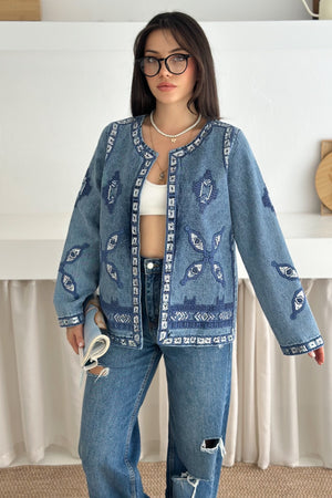 Etnik Desenli Pul Payet Nakışlı Denim Kot Ceket Vintage Bohem Tarz - Mavi