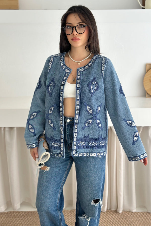 Etnik Desenli Pul Payet Nakışlı Denim Kot Ceket Vintage Bohem Tarz - Mavi