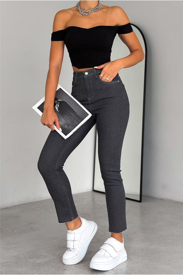 Yüksek Bel Paçası Kesik İçi Şardonlu Slim Fit Mom Jean - Gri