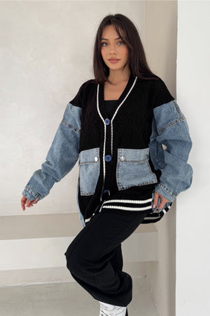 Oversize Jean Cep Ve Kol Detaylı Örme Triko Hırka - Siyah