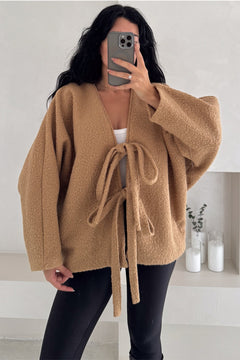 Bürümcük Bağlamalı Oversize Hırka Yarasa Kol Standart Beden - Camel