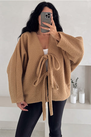 Bürümcük Bağlamalı Oversize Hırka Yarasa Kol Standart Beden - Camel