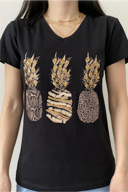 Kadın V Yaka Pullu Ananas T-shirt - Siyah
