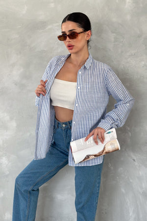 Kadın Çizgili Slim Fit %100 Pamuk Gömlek - Mavi