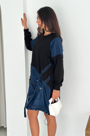 Kadın Sweat Denim Patchwork Elbise Oversize Cepli Büzgülü %100 Pamuk Spor Elbise - Lacivert
