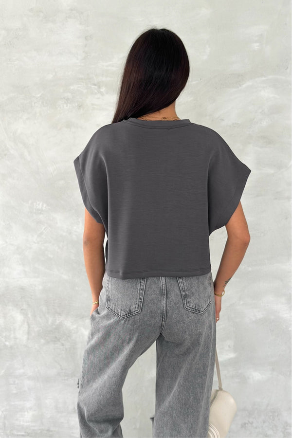 Kadın Yuvarlak Yaka Modal Kumaş Basic T-shirt - Antrasit