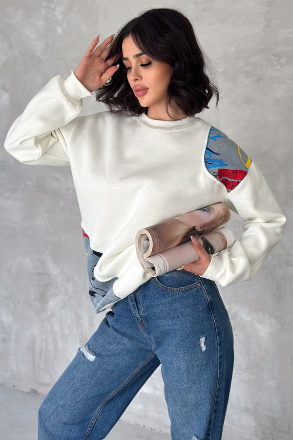 Kadın Şardonlu Tasarım Kot Detaylı Sweatshirt - Beyaz