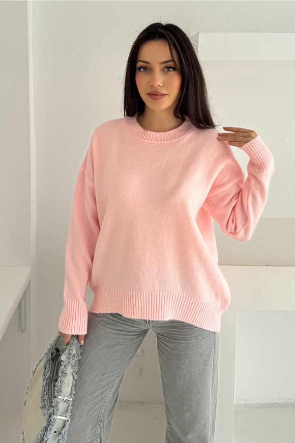 Kadın Standart Beden Oversize Basic Triko Kazak - Pembe