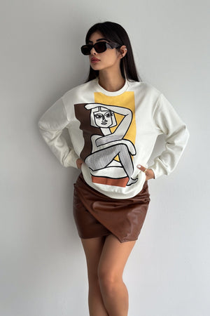 Nakış İşlemeli - İçi Pamuklu Sweatshirt - Ekru