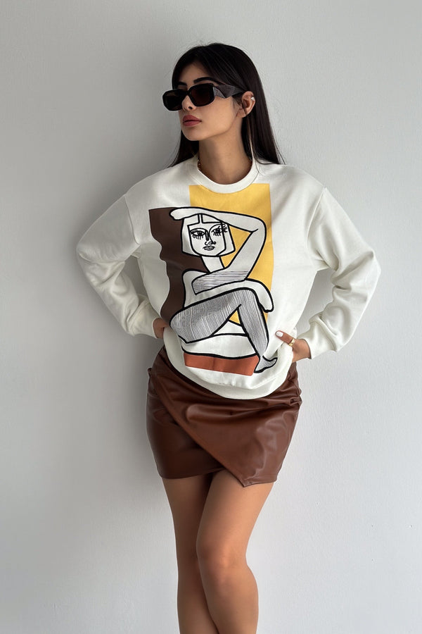 Nakış İşlemeli - İçi Pamuklu Sweatshirt - Ekru