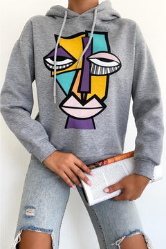 Kadın Yeni Sezon Karakter Baskılı Kapüşonlu Pamuklu Sweatshirt - Gri