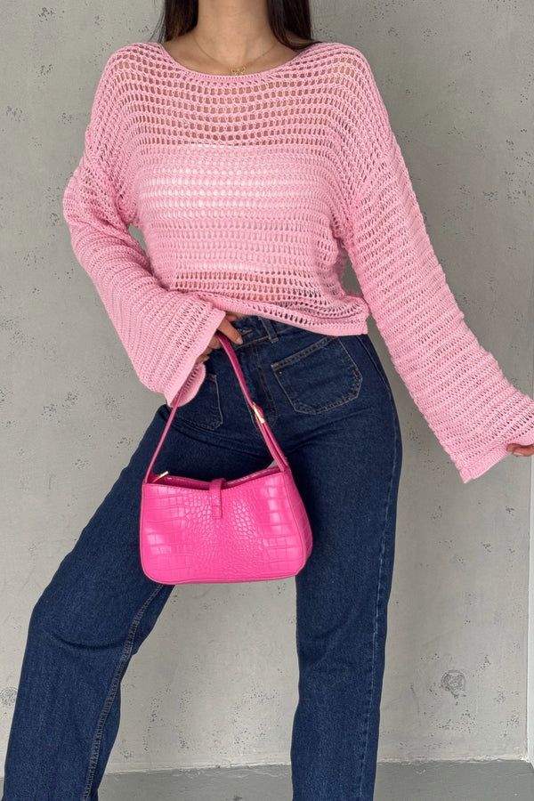 Kadın Standart Beden Uzun Kollu Ajurlu Salaş Delikli File Bluz - Pembe