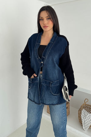 Kolları Ve Sırtı Triko Kot Denim Oversize Hırka Cepli Standart Beden - Siyah