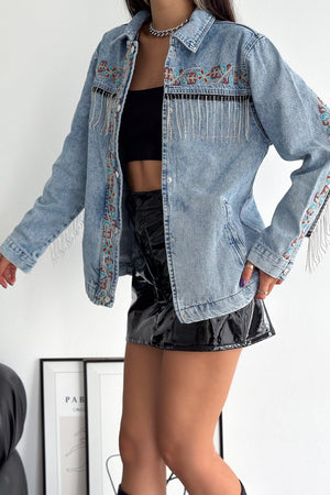 Kadın Çıtçıt Düğmeli Taş Püsküllü Komple Nakış İşlemeli Denim Ceket - Mavi