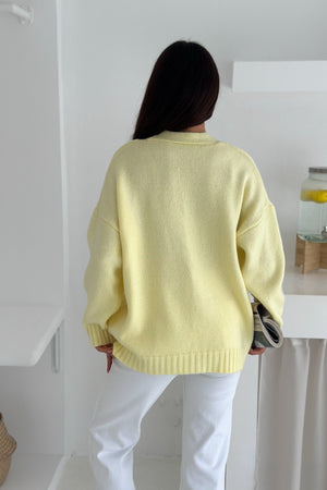 Oversize Düğmeli Hırka - Cepli V Yaka Yumuşak Dokulu Triko Hırka - Sarı