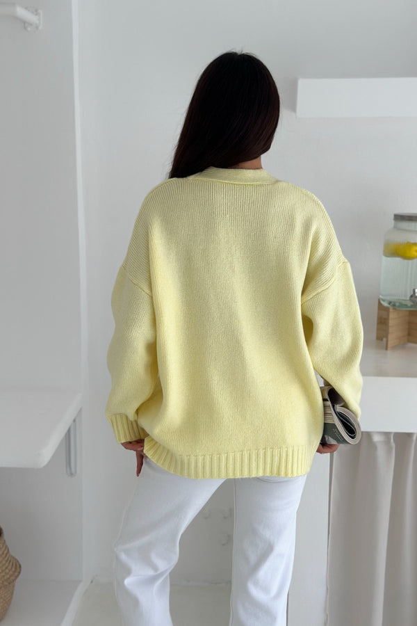 Oversize Düğmeli Hırka - Cepli V Yaka Yumuşak Dokulu Triko Hırka - Sarı