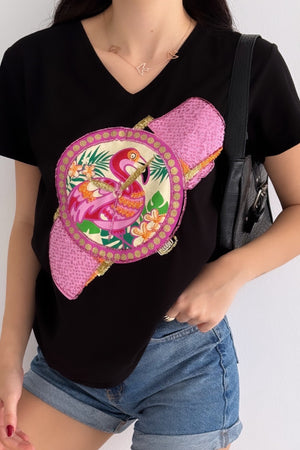 Kadın V Yaka Flamingo Saat Pul Payet İşlemeli %100 Pamuk Tişört - Siyah
