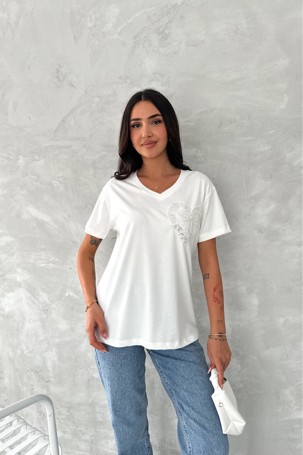 Kadın V Yaka Boncuk Ve Pul İşlemeli Kurdela Desen %100 Pamuk T-shirt - Beyaz