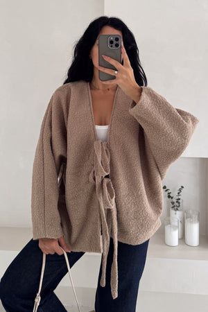 Bürümcük Bağlamalı Oversize Hırka Yarasa Kol Standart Beden - Vizon