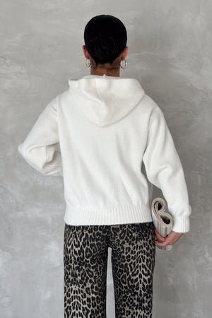 Kadın Standart Beden Kapüşonlu Peluş Triko Sweatshirt - Beyaz