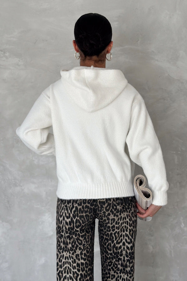 Kadın Standart Beden Kapüşonlu Peluş Triko Sweatshirt - Beyaz