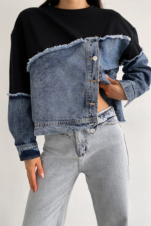 Asimetrik Düğmeli Kot Detaylı Tasarım Sweatshirt - Lacivert